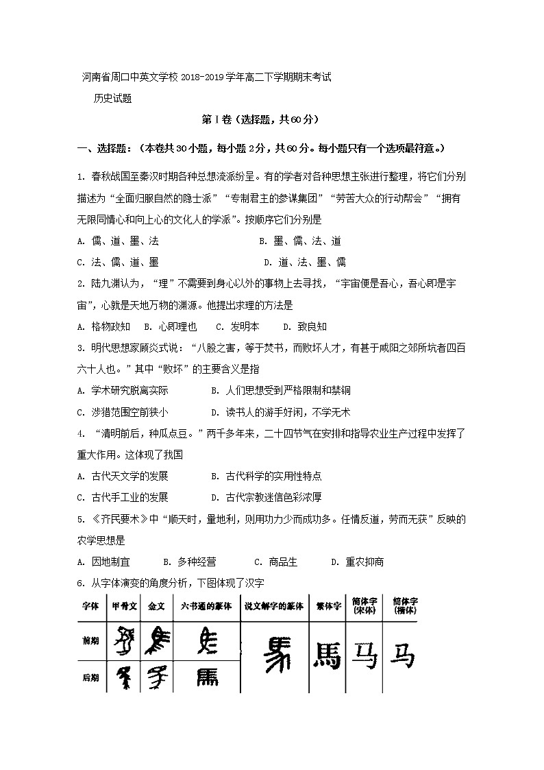 2018-2019学年河南省周口中英文学校高二下学期期末考试历史试题 Word版第1页