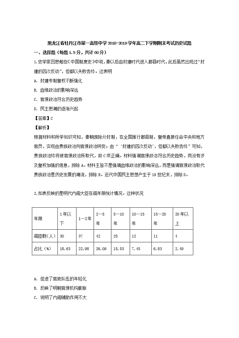 2018-2019学年黑龙江省牡丹江市第一高级中学高二下学期期末考试历史试题 解析版01