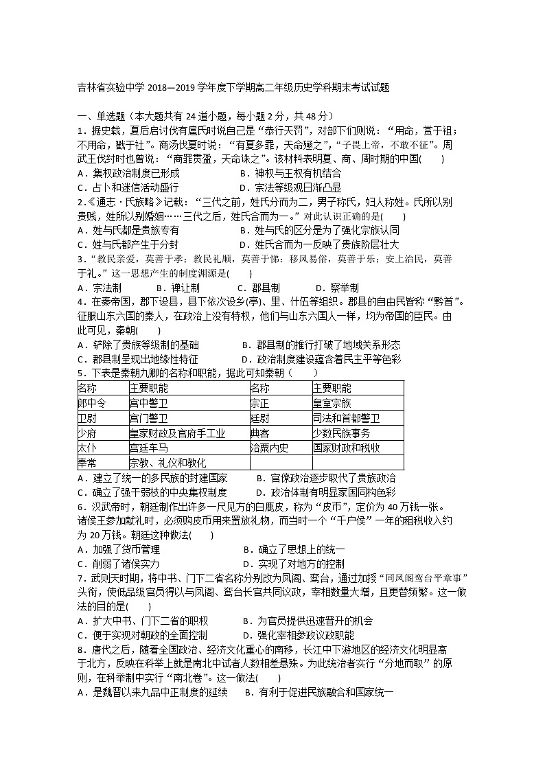 2018-2019学年吉林省实验中学高二下学期期末考试历史试题 解析版01