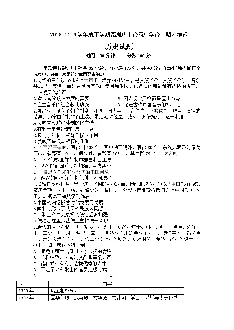 2018-2019学年辽宁省瓦房店市高级中学高二下学期期末考试历史试题 Word版01