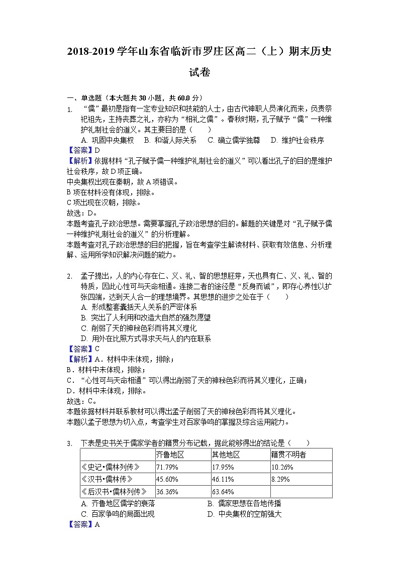 2018-2019学年山东省临沂市罗庄区高二上学期期末历史试题（解析版）01