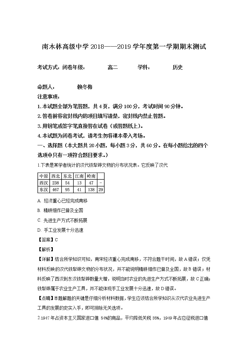 2018-2019学年西藏日喀则市南木林高级中学高二上学期期末考试历史试题 解析版01