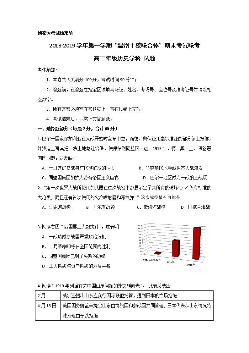 2018-2019学年浙江省“温州十校联合体”高二上学期期末考试历史试题 Word版第1页
