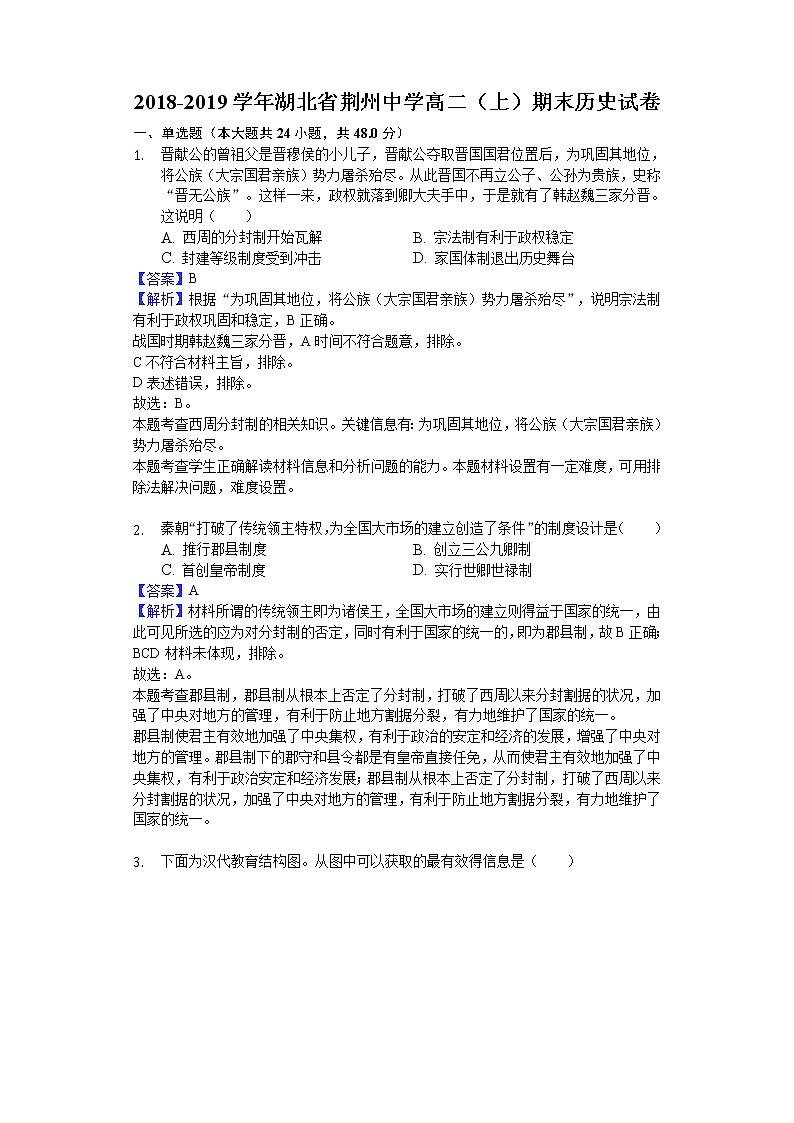 2018-2019学年湖北省荆州中学高二上学期期末历史试题（解析版）01