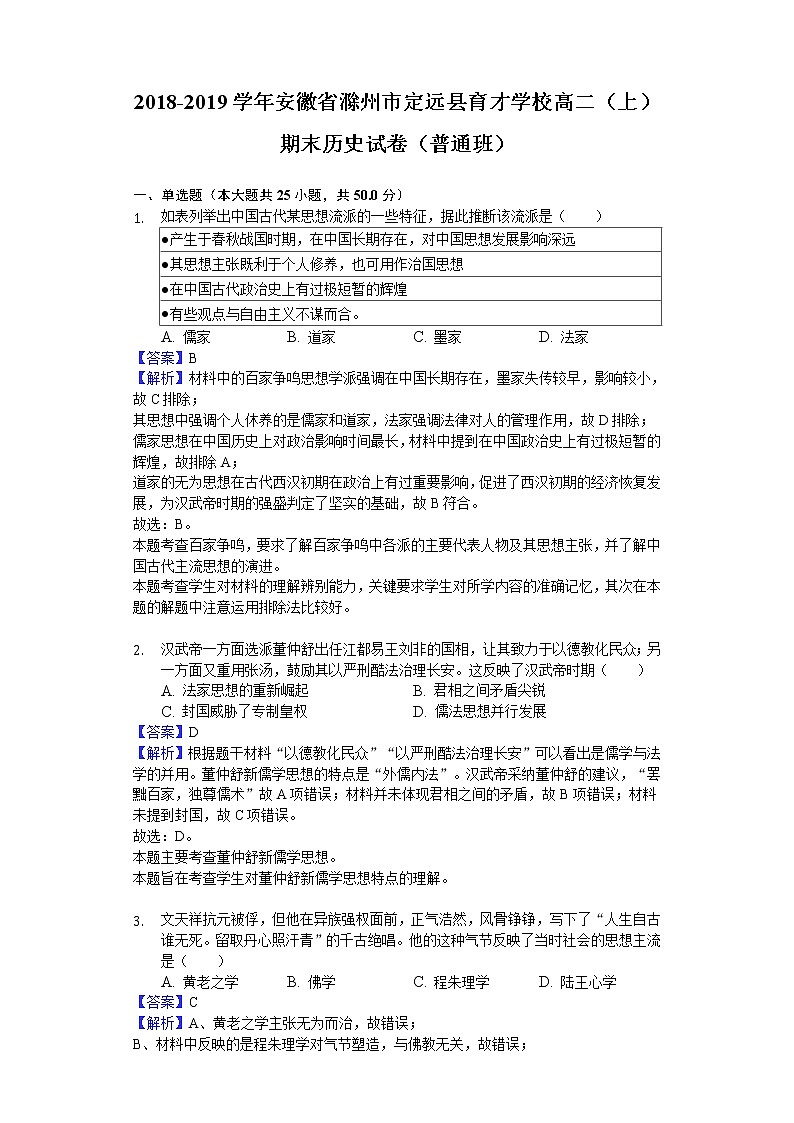 2018-2019学年安徽省滁州市定远县育才学校高二上学期期末历史试题（普通班）（解析版）01