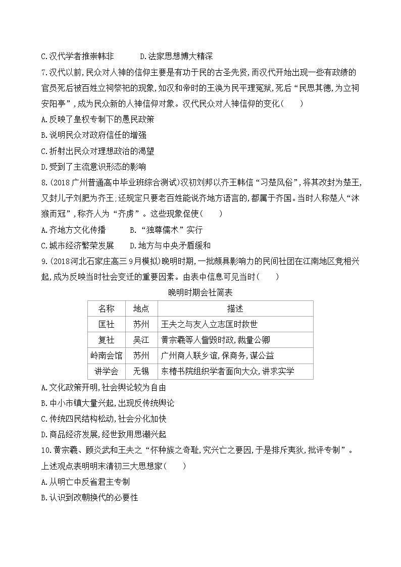 2019届二轮复习高频考点选择题专练：第3练   古代中国思想、科技、文学、艺术   作业02