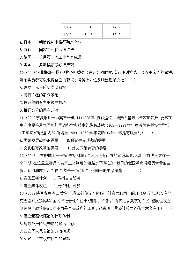 2019届二轮复习高频考点选择题专练：第9练   俄国十月革命与苏联社会主义建设   作业第3页
