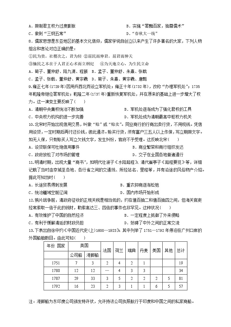 2019-2020学年湖南省衡阳市第八中学高二上学期期中考试 历史 word版02