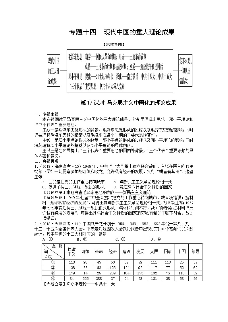 2019届二轮复习专题讲义：第17课时 马克思主义中国化的理论成果 学案第1页