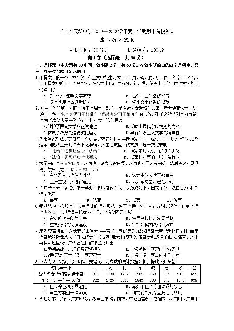 2019-2020学年辽宁省实验中学高二上学期期中考试历史试题（word版）01