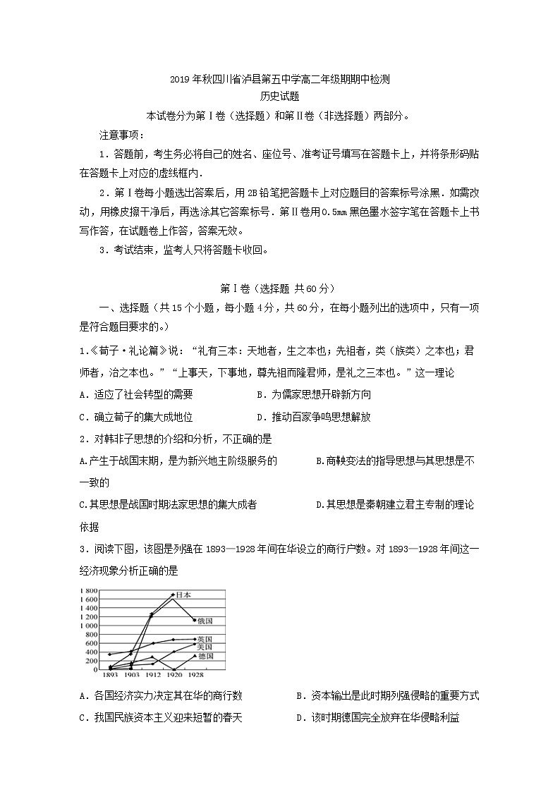 2019-2020学年四川省泸县第五中学高二上学期期中考试历史试题 word版01