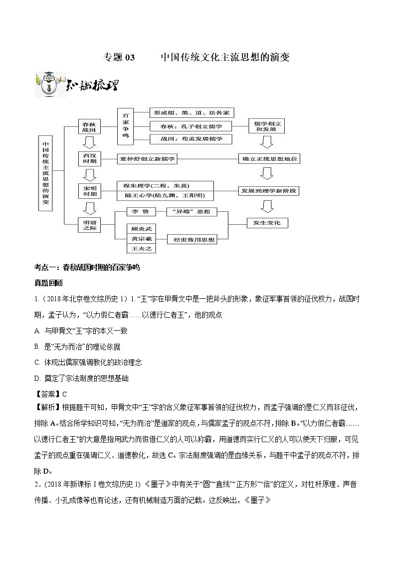 2019届二轮复习：专题03 中国传统文化主流思想的演变-学案第1页