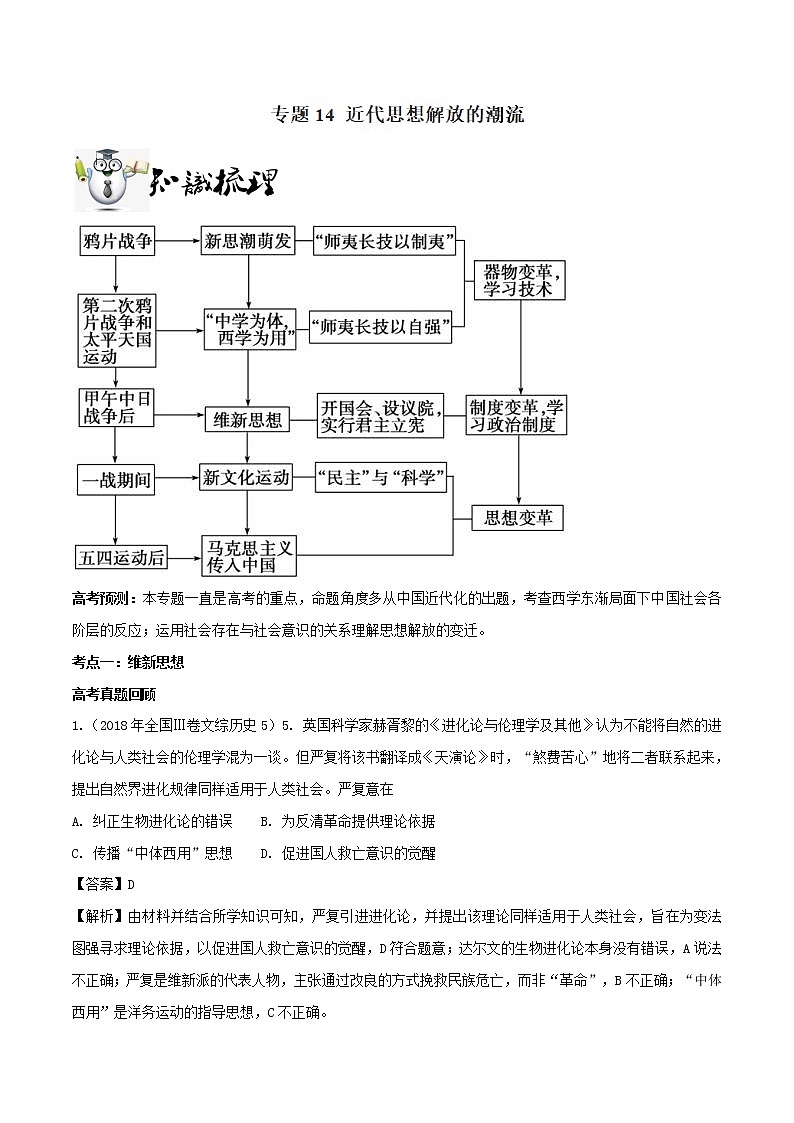 2019届二轮复习：专题14 近代思想解放的潮流-学案第1页