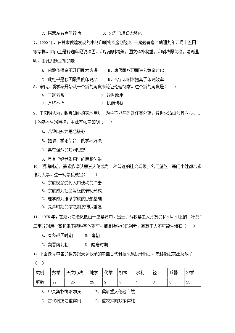 2019-2020学年福建省师范大学附属中学高二上学期期中考试历史（选考）试题 Word版02