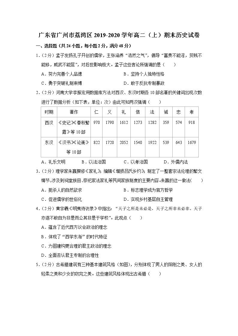 2019-2020学年广东省广州市荔湾区高二上学期期末考试历史试题（解析版）01