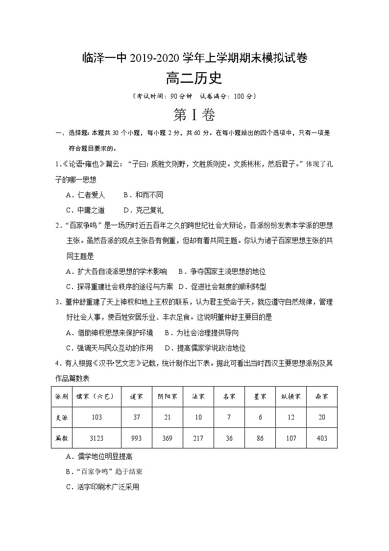 2019-2020学年甘肃省临泽一中高二上学期期末模拟历史试题 word版01