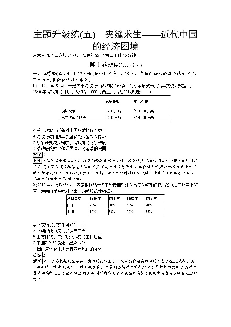 2020届二轮复习：主题升级（五）　夹缝求生——近代中国的经济困境 作业第1页