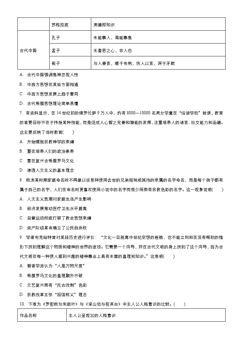 2020届二轮复习：专练13 西方人文精神的起源与发展  作业第3页