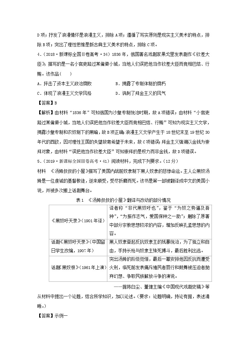 2020届二轮复习：第21讲  19世纪以来的世界文学艺术（作业） 练习03