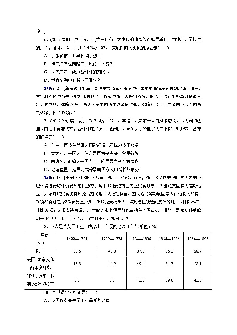 2020届二轮复习 板块三 第10讲　工场手工业时期的西方世界——资本主义兴起与发展 作业 练习03