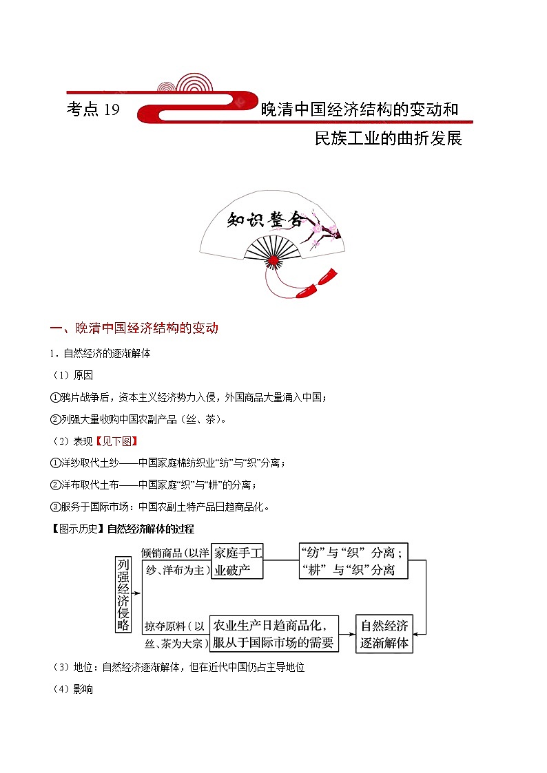 2020届二轮复习 考点19晚清中国经济结构的变动和民族工业的曲折发展  学案01