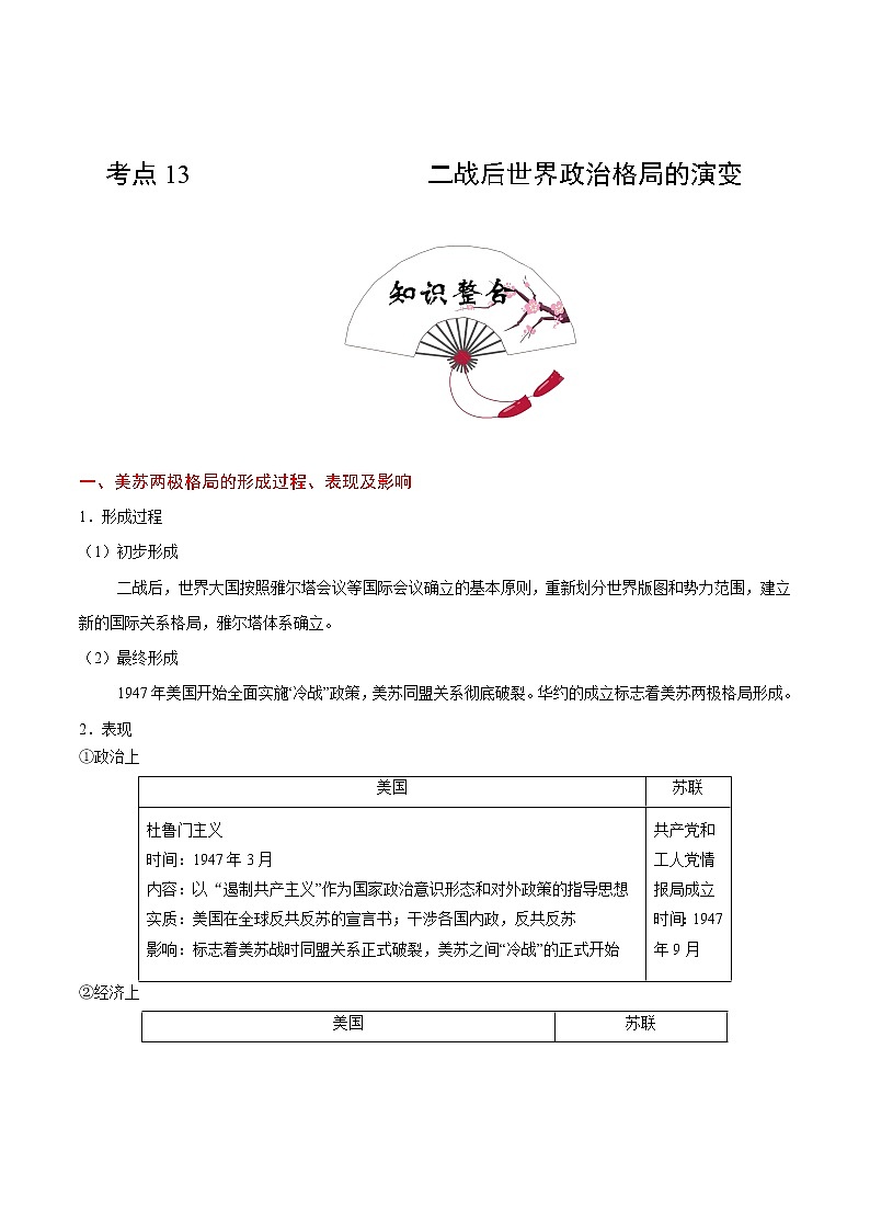 2020届二轮复习 考点13二战后世界政治格局的演变  学案第1页