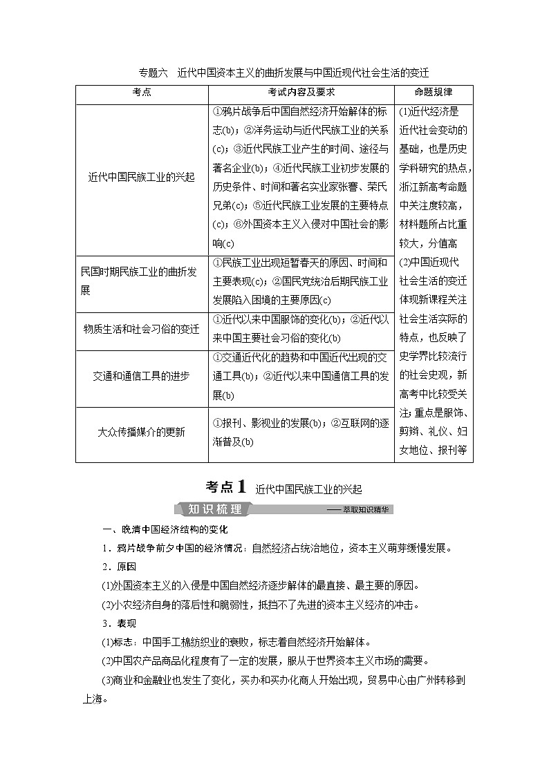 2020届二轮复习 专题六　近代中国资本主义的曲折发展与中国近现代社会生活的变迁 学案（浙江专用）01