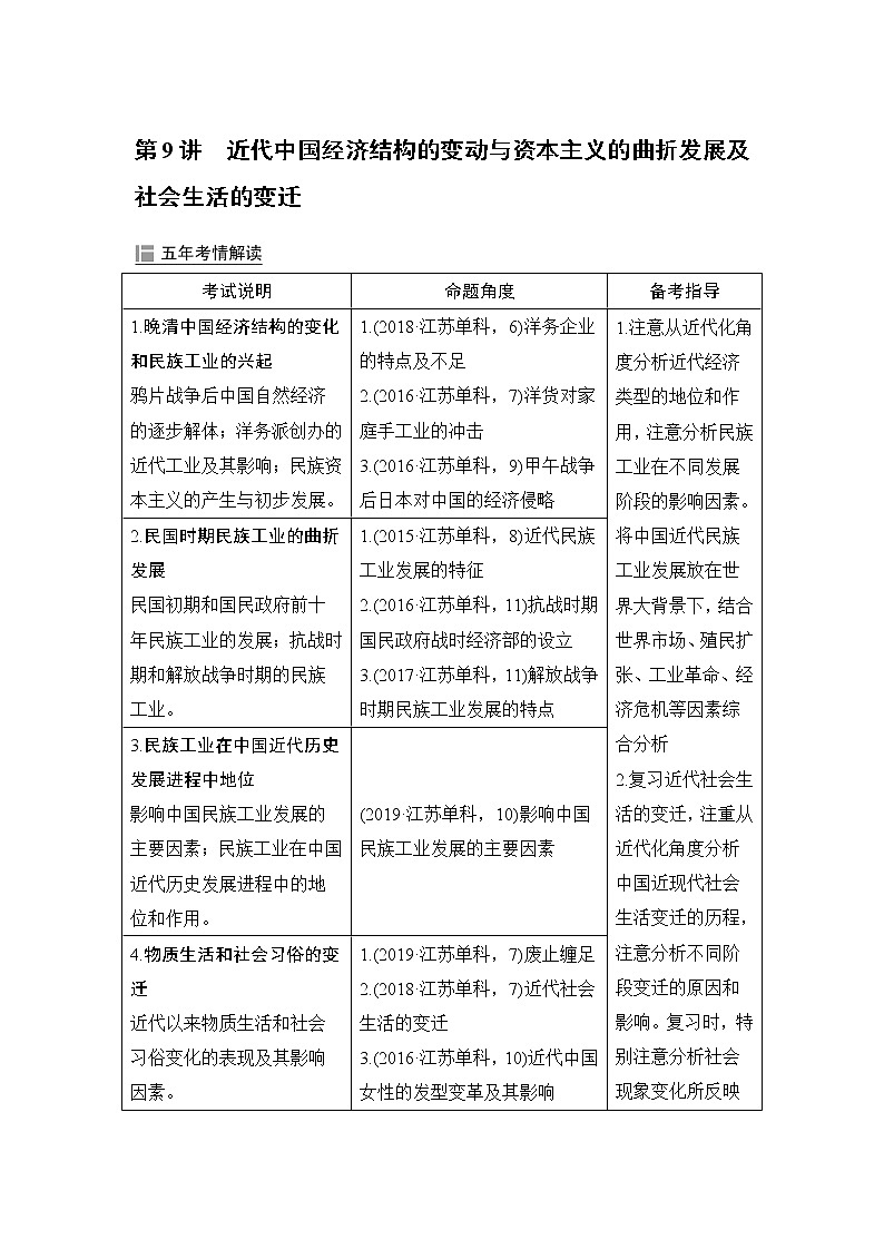 2020届二轮复习 第9讲近代中国经济结构的变动与资本主义的曲折发展及社会生活的变迁 学案（江苏专用）01