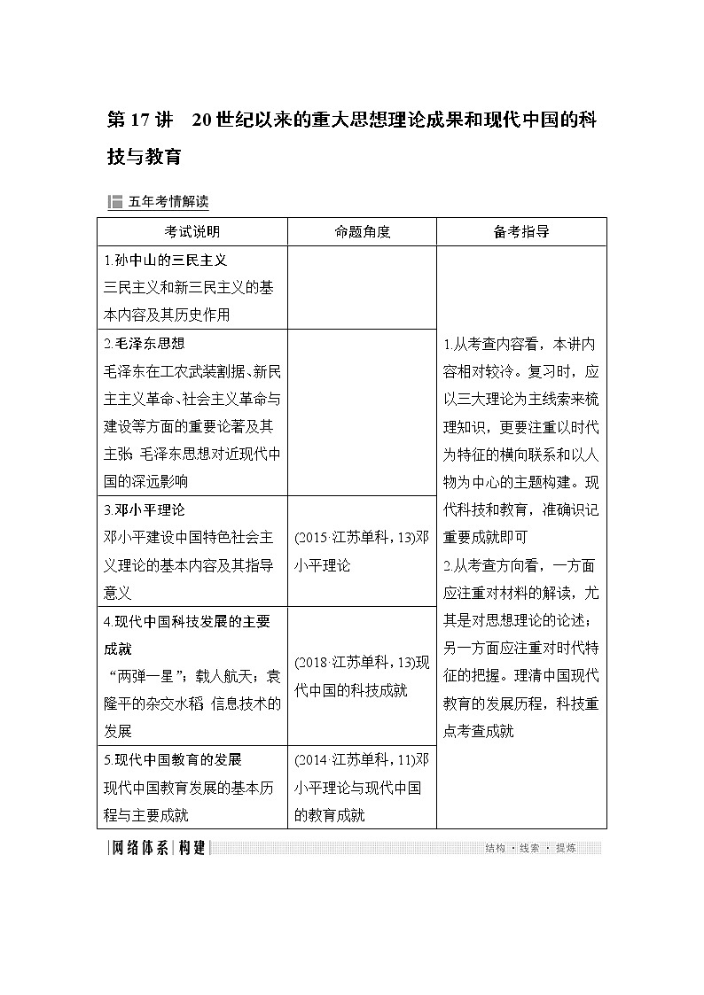 2020届二轮复习 第17讲20世纪以来的重大思想理论成果和现代中国的科技与教育 学案（江苏专用）01