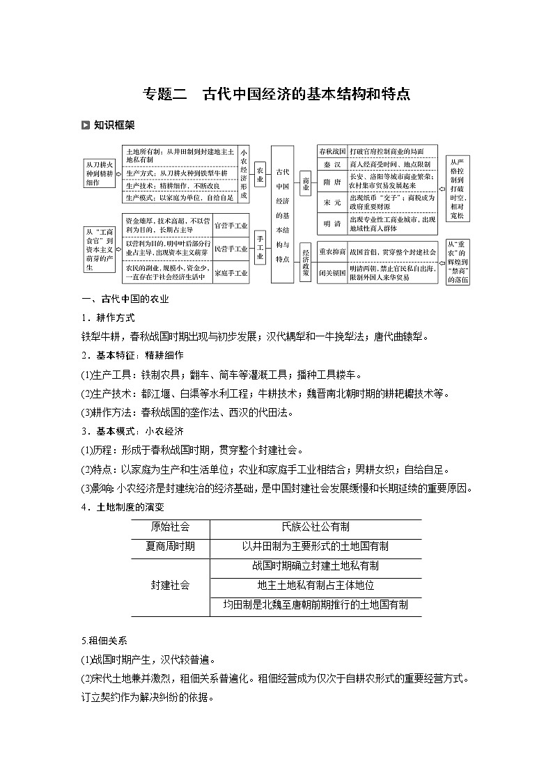 2020届二轮复习 古代中国经济的基本结构和特点 学案01
