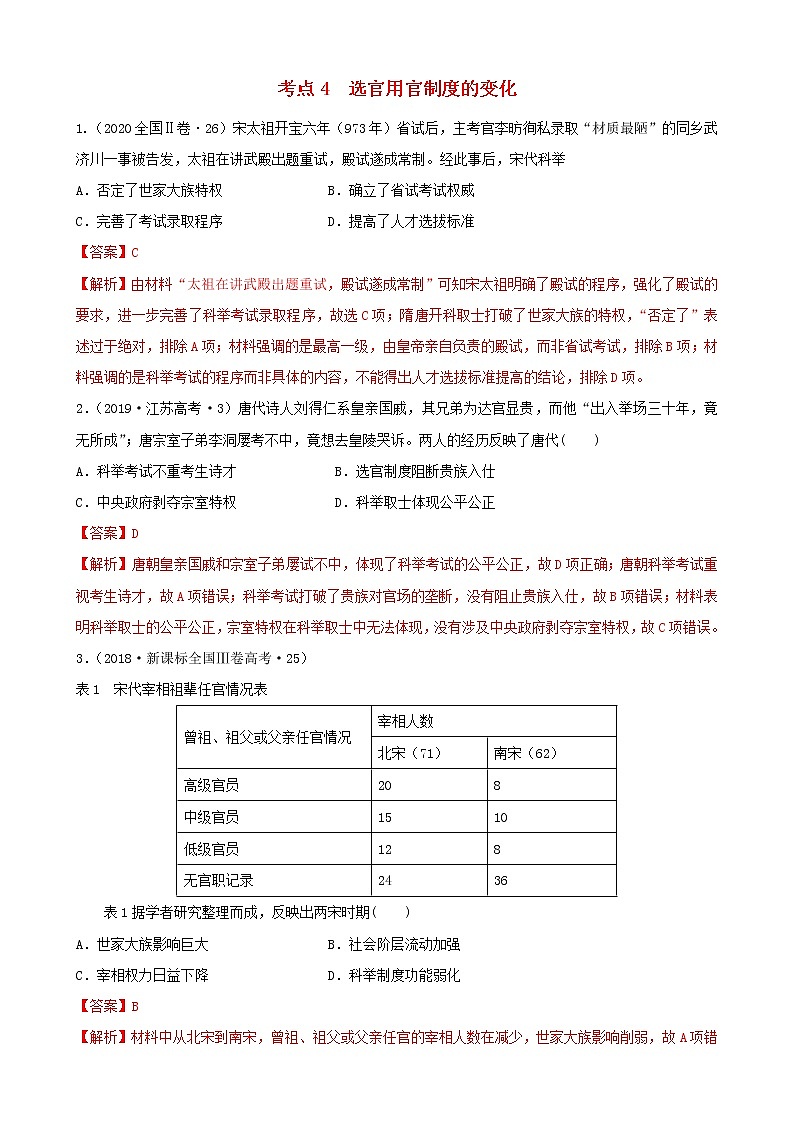 （通用）2021高考历史备考双练之政治史考点4古代选官制度的演变（十年真题练）（含解析）第1页