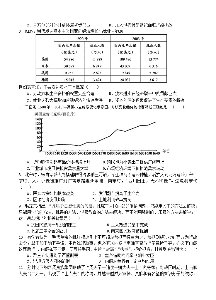 河南省信阳市罗山县2021届高三第一次调研（8月联考）历史（word版含答案） 试卷02