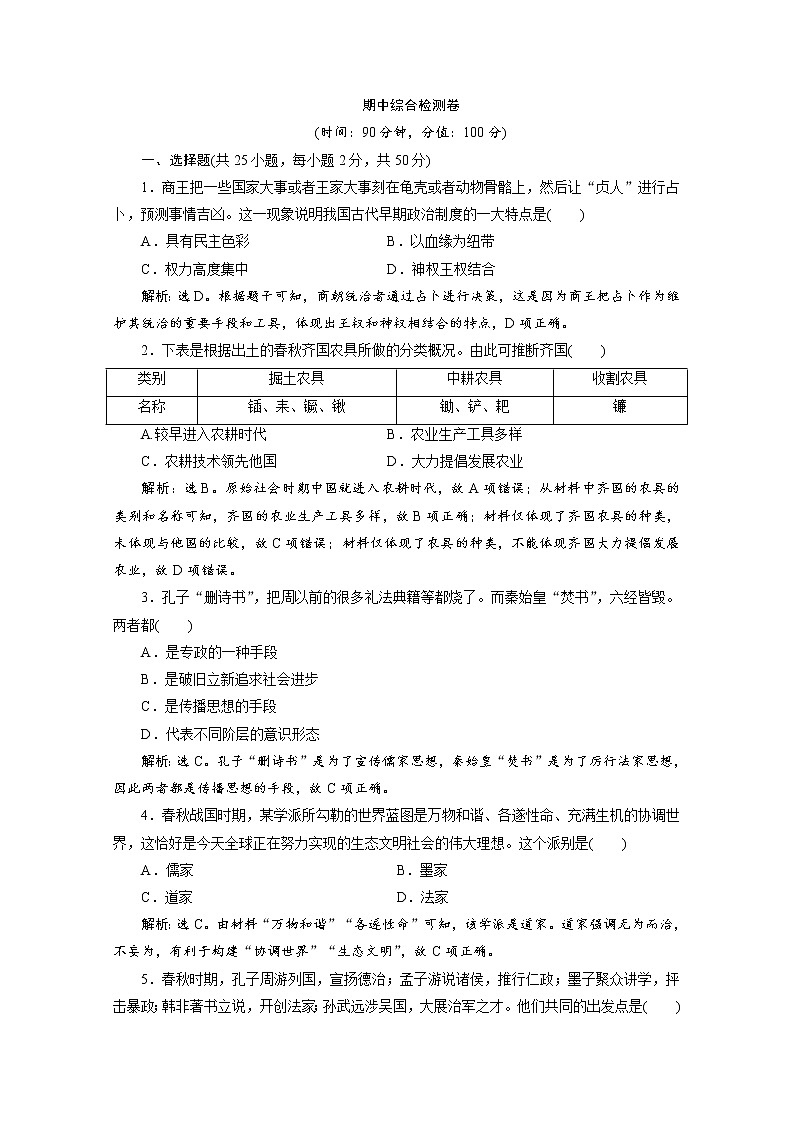 （新）统编版历史必修上册 期中综合检测卷（含解析）第1页