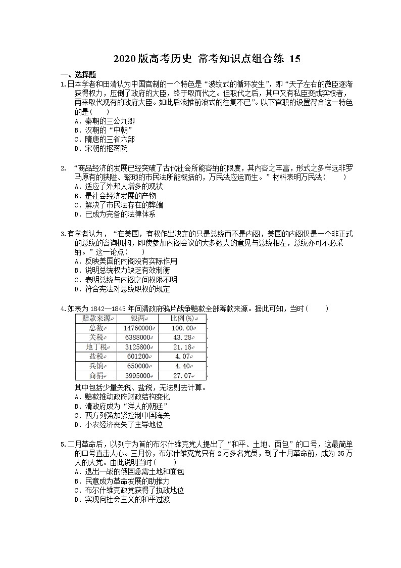 【高考复习】2020版高考历史 常考知识点组合练 15（含答案解析）01