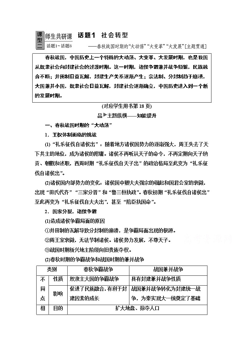 2020新课标高考历史二轮专题版教师用书：模块1话题1　社会转型——春秋战国时期的“大动荡”“大变革”“大发展”【主题贯通】01