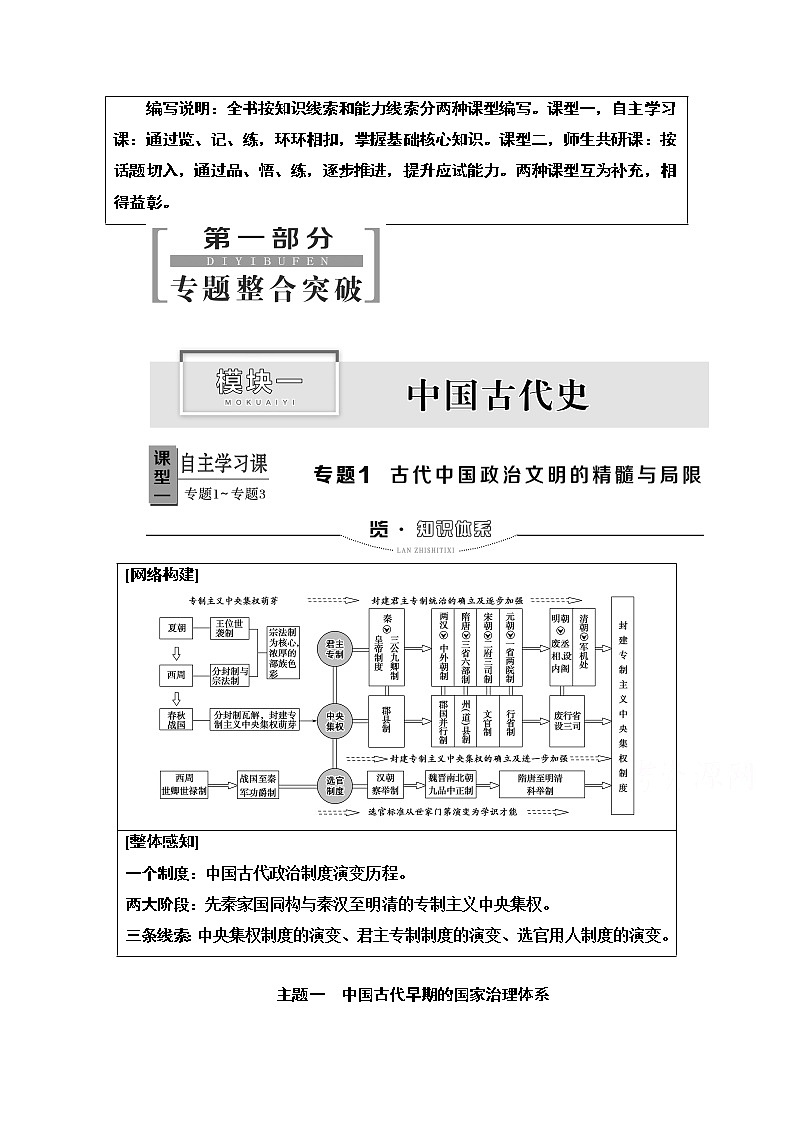 2020新课标高考历史二轮专题版教师用书：模块1专题1　古代中国政治文明的精髓与局限01