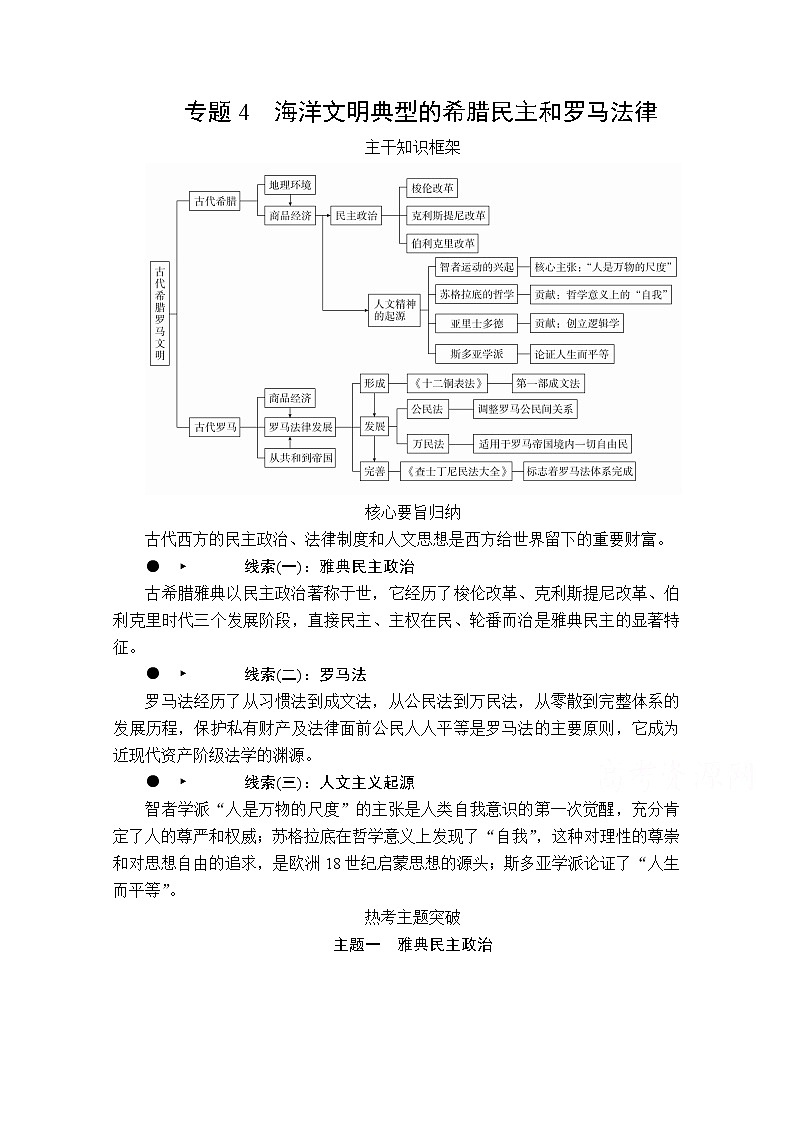 2020历史专题版大二轮专题复习冲刺教师用书习题检测：下篇模块一专题4海洋文明典型的希腊民主和罗马法01