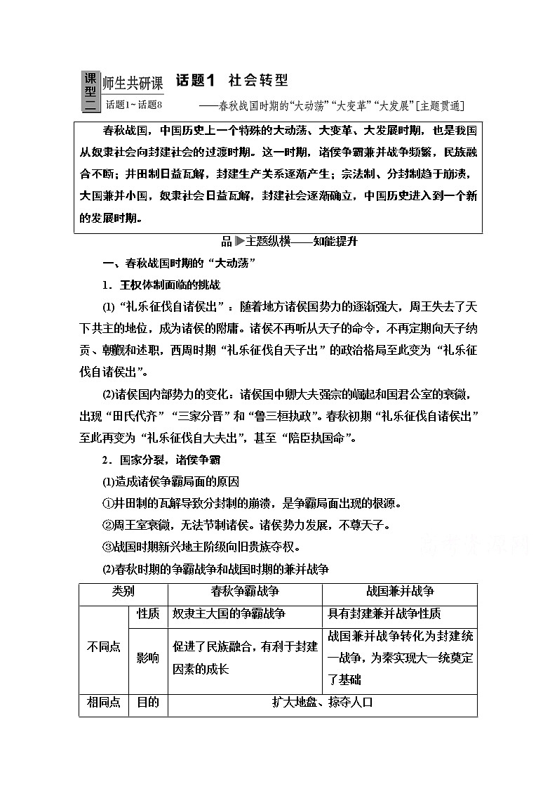 2020历史二轮专题版教师用书：第1部分模块1话题1社会转型01