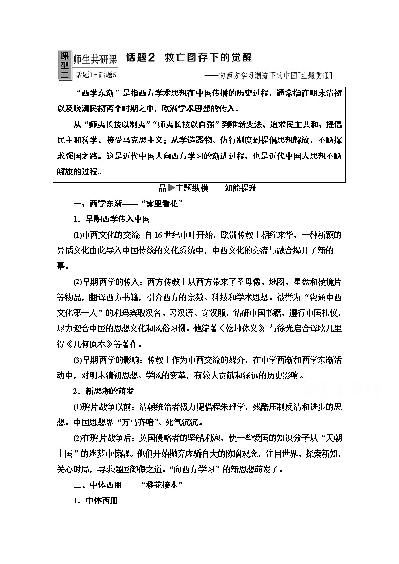 2020历史二轮专题版教师用书：第1部分模块2话题2救亡图存下的觉醒01