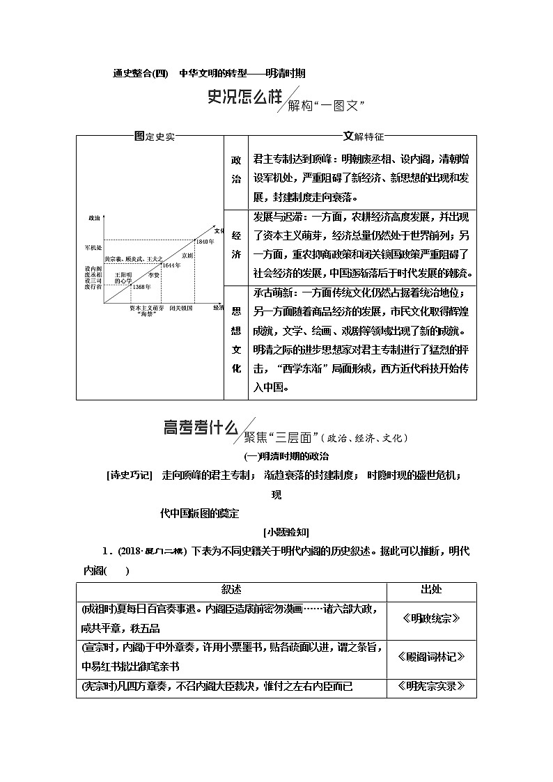 2019版二轮复习历史通史版讲义：通史整合（四）第一板块中华文明的转型——明清时期第1页