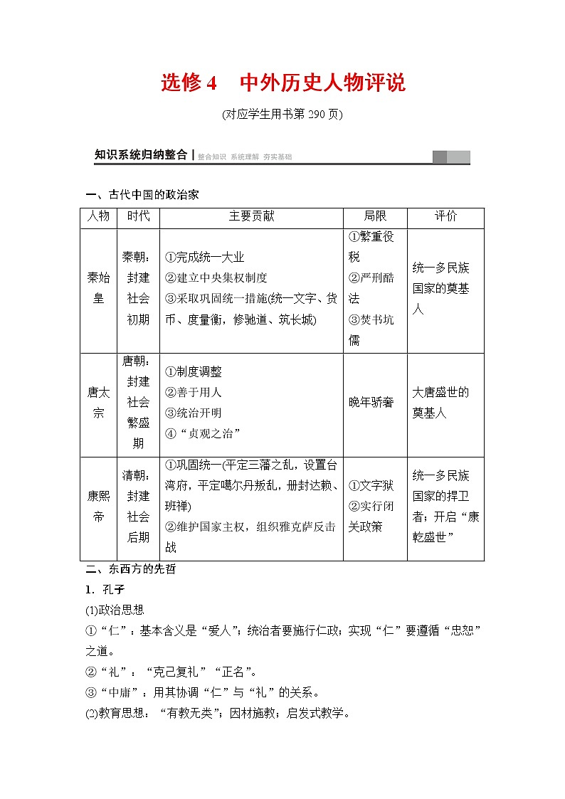 海南2019届高考历史一轮总复习教师用书：选考部分选修4　中外历史人物评说第1页