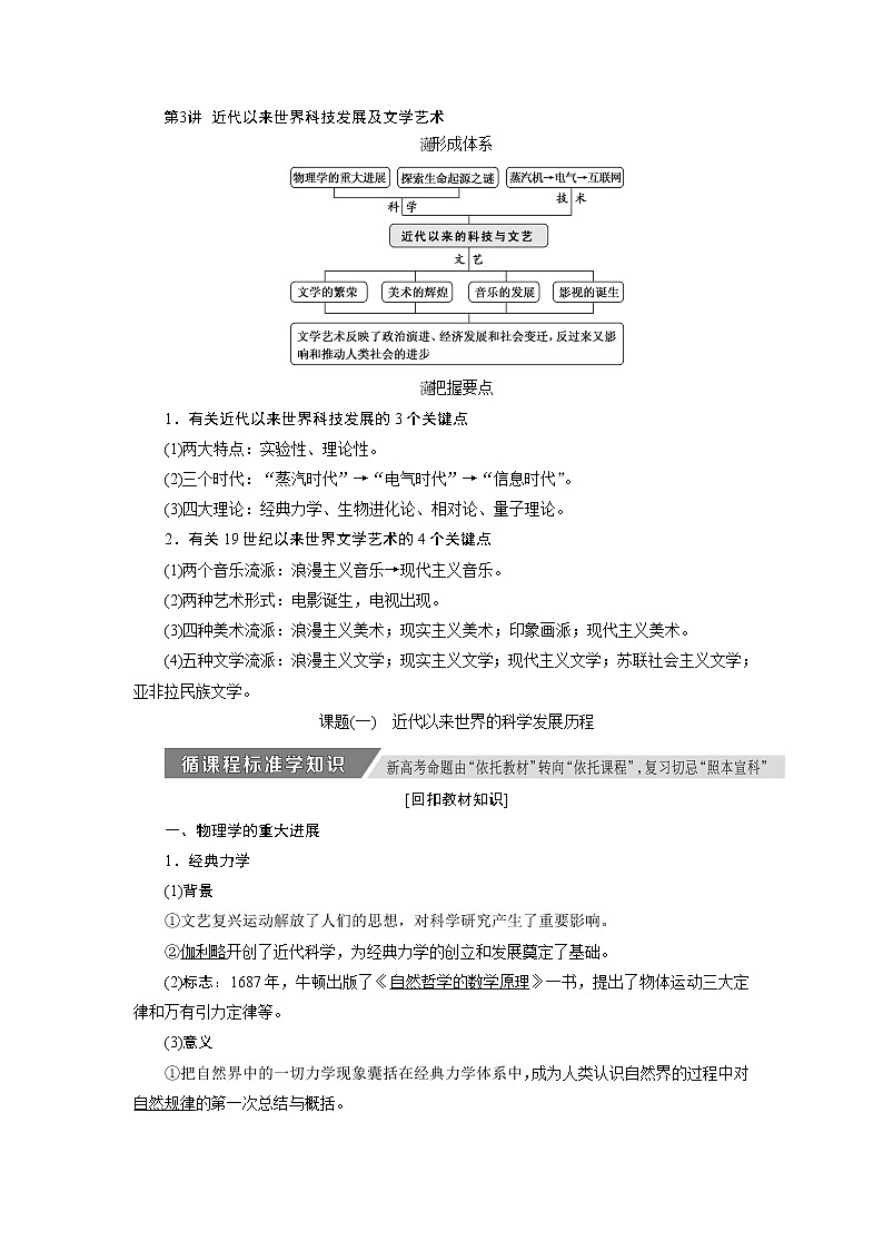 2020版高考新创新一轮复习历史人教版讲义：必修三第十二单元第3讲　近代以来世界科技发展及文学艺术01