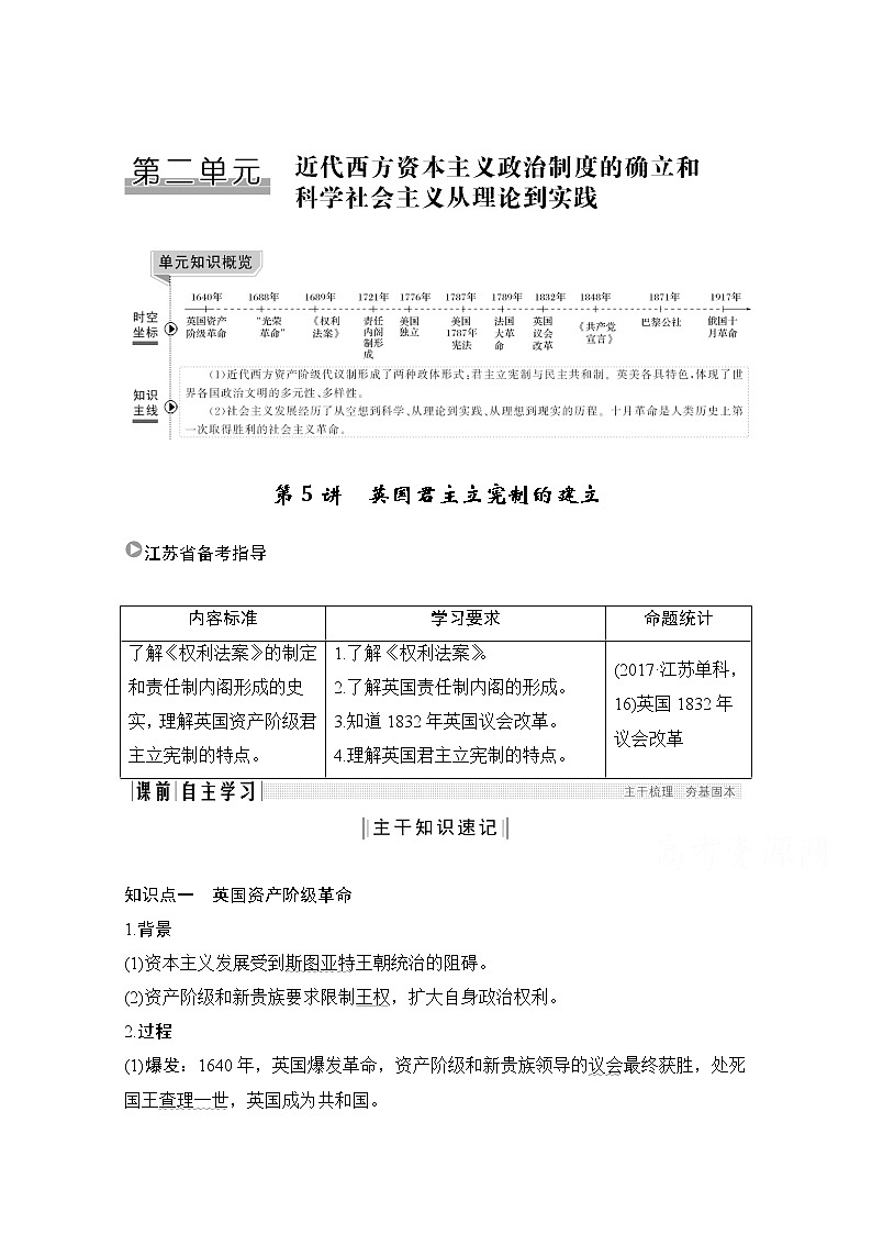 2021江苏高考历史一轮教师用书：第二单元第5讲英国君主立宪制的建立第1页