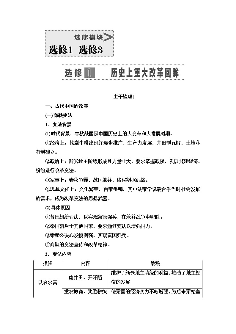 2021新高考岳麓版一轮历史总复习教师用书：选修模块选修1历史上重大改革回眸01