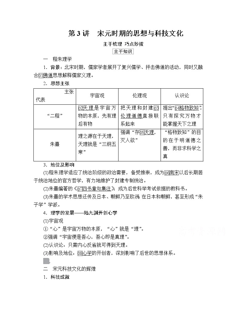 2021高三历史通史一轮（经典版）教师用书：第4单元第3讲宋元时期的思想与科技文化第1页
