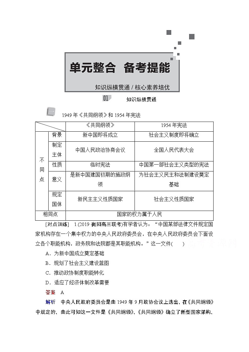 2021高三历史通史一轮（经典版）教师用书：第9单元社会主义建设道路的探索——新中国成立到改革开放前　单元整合　备考提能第1页