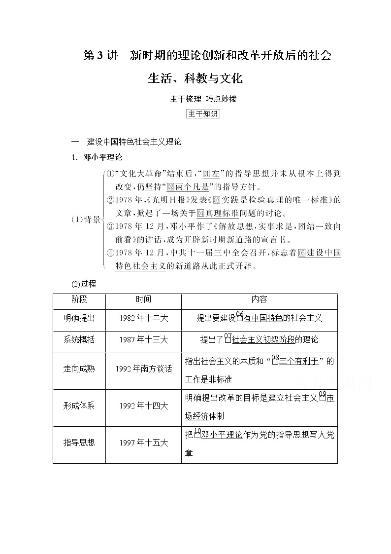 2021高三历史通史一轮（经典版）教师用书：第10单元第3讲新时期的理论创新和改革开放后的社会生活、科教与文化第1页