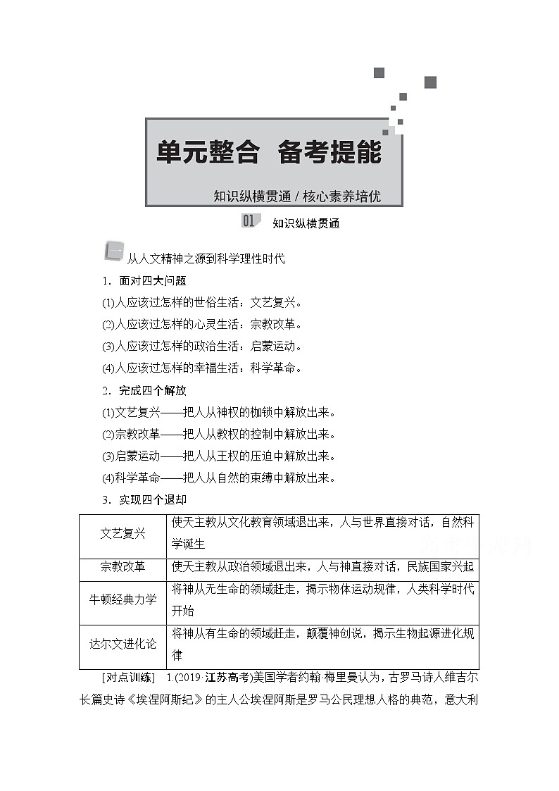 2021高三历史通史一轮（经典版）教师用书：第12单元西方近代工业文明的前奏——14、15世纪－18世纪中期单元整合　备考提能01
