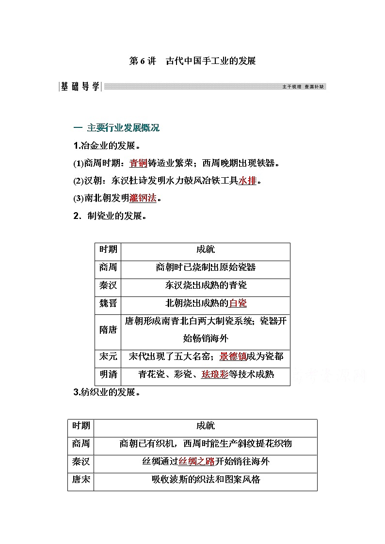 2021高考历史一轮复习教师用书：专题二第6讲　古代中国手工业的发展01