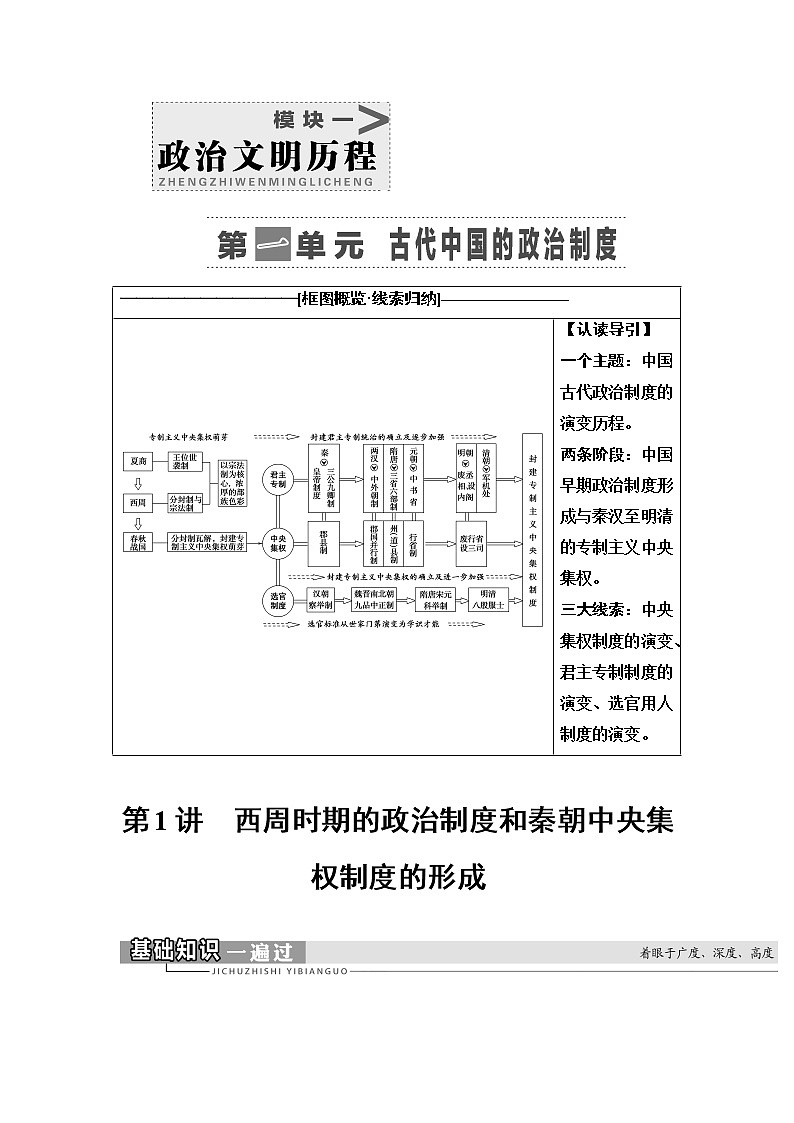 2021高考江苏专用历史一轮点复习教师用书：模块1第1单元第1讲　西周时期的政治制度和秦朝中央集权制度的形成01